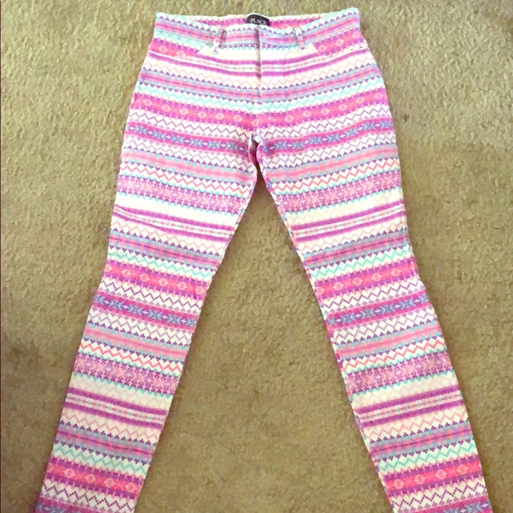 Pink, purple, blue patterned jeans